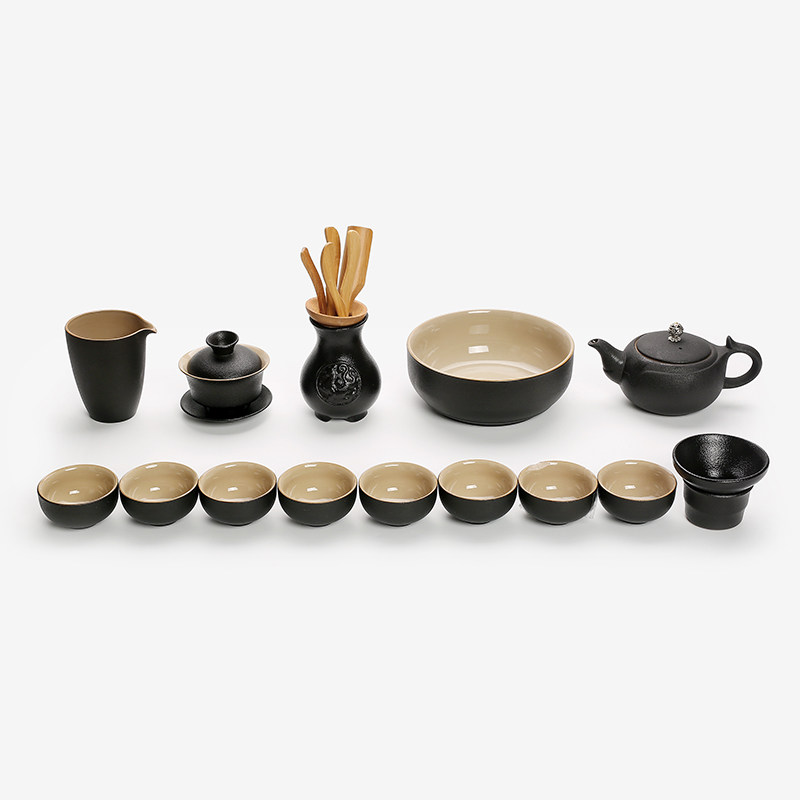 Tea Drinking Ware Reward Whole Set Brief Black Pottery Kongfu Tea Cup Tea Sea Tea Bowl Teapot Tea Tea Tea Cup 14 pieces of gift box set