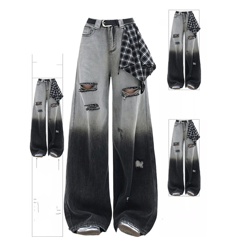 Plus-Size Women's Gradient Color Design Black Jeans, New Summer Casual Versatile Ripped Wide-Leg Pants