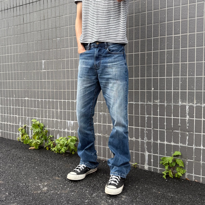(in Stock) Jgone Melancholy Blue Cow 2026S Original Micro-Flared Bamboo Pattern Jeans Jian Guo Make