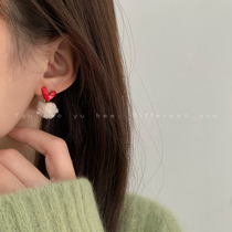 Love girl hairball silver pin earrings Korean temperament Net Red simple 2021 new autumn and winter plush ear jewelry