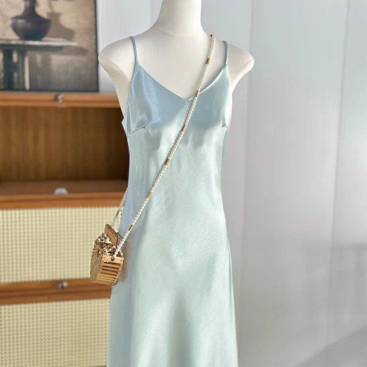 High-End Acetate Satin New Chinese-Style Dress for Women, Summer Thin Minimalist Long National Style Suspender Dress