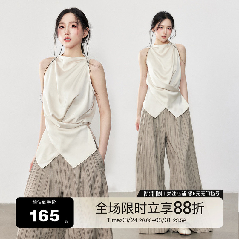 Yuzhi Commuter-Style Elegant Sleeveless Top with Cross-Tie Waist Design, New Summer Slimming T-Shirt Yuzhi Commuter-Style Elegant Sleeveless Top with Cross-Tie Waist Design, New Summer Slimming T-Shirt