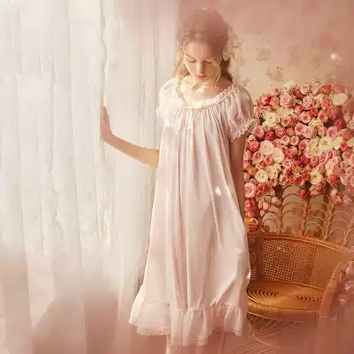 Court retro night dress female summer sexy ice silk princess pajamas lace short-sleeved cute home clothes