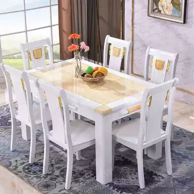 A table of 4 chairs Simple European white topaz marble dining table and chair combination rectangular solid wood dining table Household hotel chair