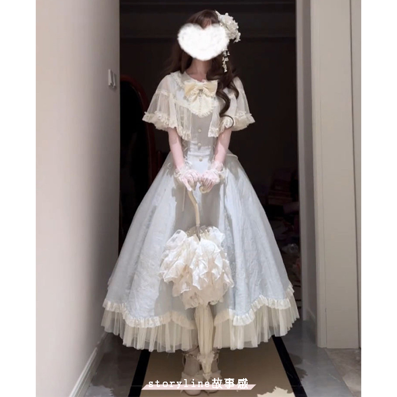Aqua Wind Chime Elegant Dress Lolita Style Sweet Girly Long Dress 2025 Summer Petite Size