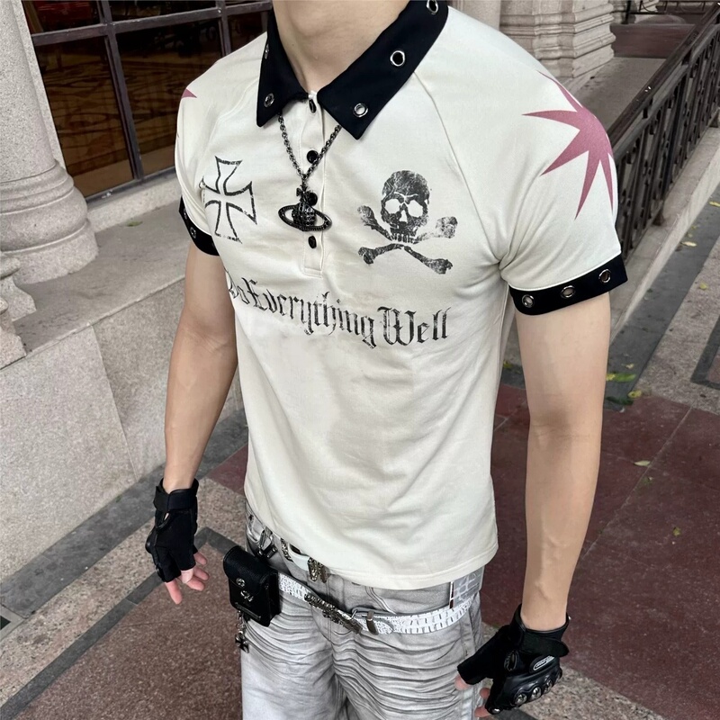 25Ss Skull Design Retro Street Cross Short-Sleeved T-Shirt for Men and Women Summer American High-End Polo Shirt
