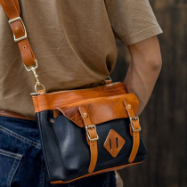 American retro handmade cowhide motorcycle shoulder messenger bag for men outdoor casual YKK literary and artistic contrast crossbody bag for women