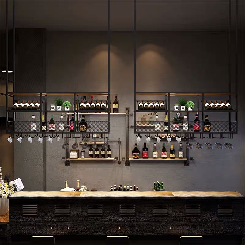 Bar hanging Wrought iron wine rack European wine glass rack Upside down restaurant decoration goblet rack Suspended ceiling shelf