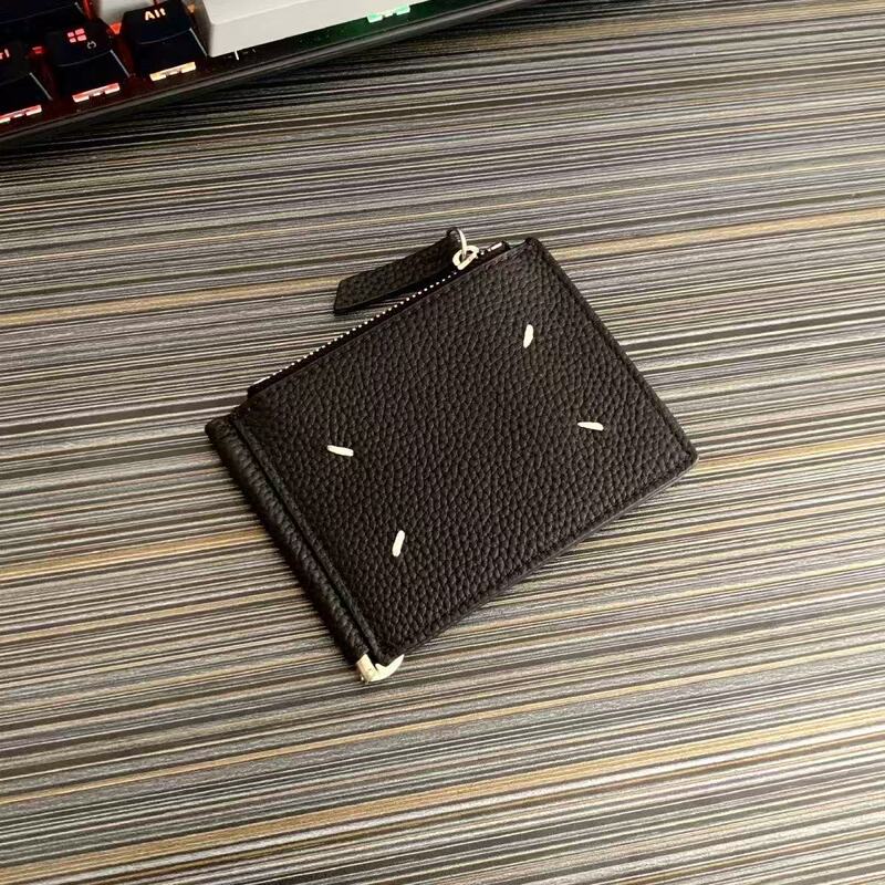 Mm6 Black Leather Card Holder Dollar Bill Clip Four-Point Stitching Design Unisex Minimalist Genuine Leather Coin Purse Zipper Wallet Mm6 Black Leather Card Holder Dollar Bill Clip Four-Point Stitching Design Unisex Minimalist Genuine Leather Coin Purse Zipper Wallet