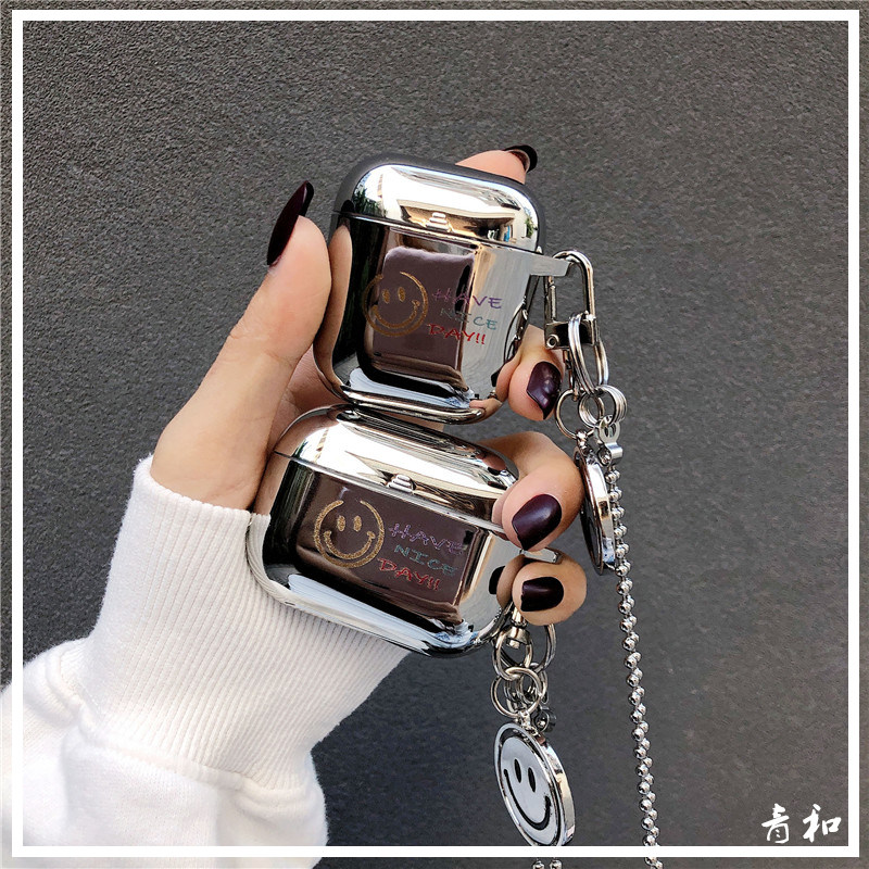 ISIDO electrosilvered minimalist smiley face with necklace applicable airpods protective sleeve airpodspro shell apple wireless Bluetooth headphone sleeve ipods silicone strap pendant soft shell