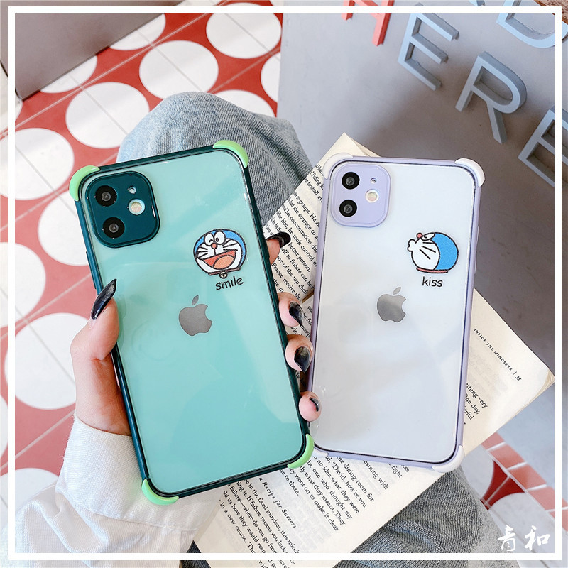 Cartoon Cute Blue Fat Son applies 12Pro Max Apple 11 mobile phone protective shell transparent XS MAX rims 8plus all-bag camera iPhoneX mesh red couple X