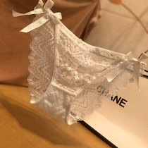 European and American sexy lace bow low waist triangle pants womens temptation transparent see-through mesh womens underwear