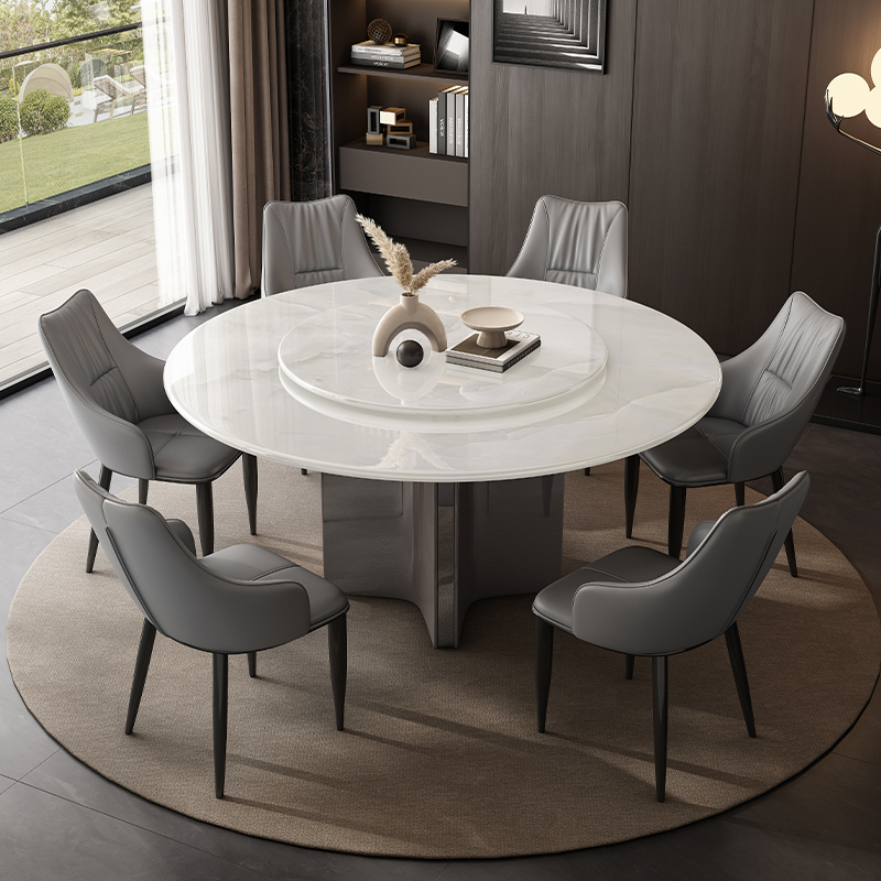 White Ice Jade Natural Luxury Stone Dining Table and Chairs with Turntable, Round Marble Large Ice Flower Dining Table, Jade Century Fendi White