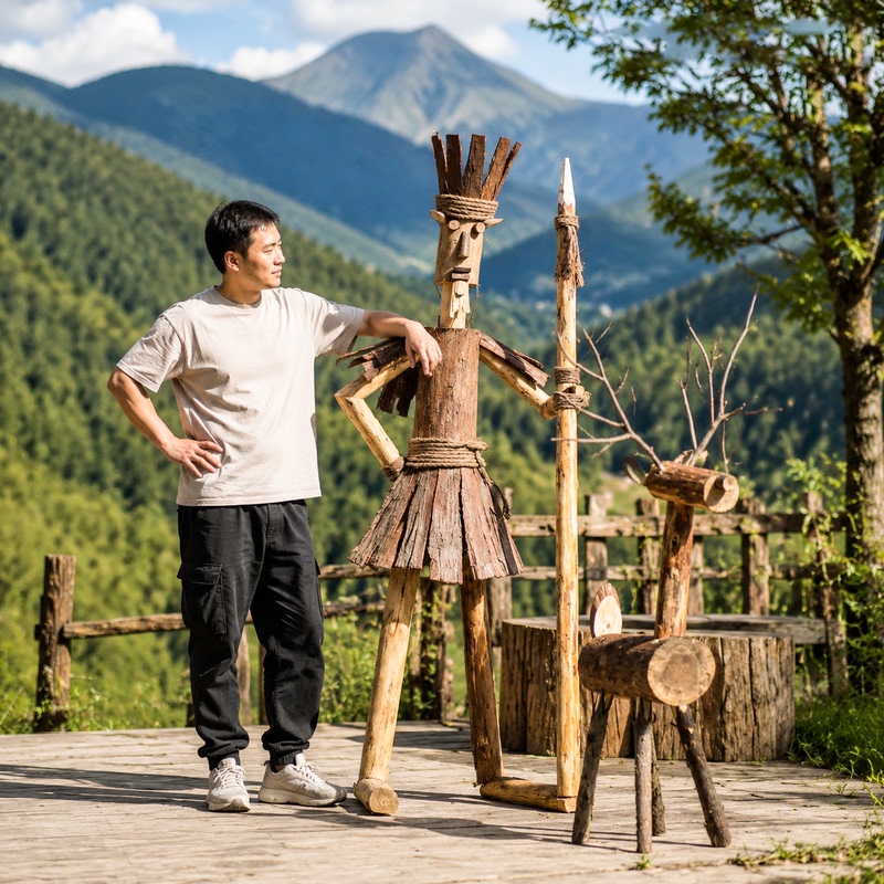 Original Wooden Figures for Outdoor Campsite Decoration, Creative and Playful Animal Figurines for Scene Setup