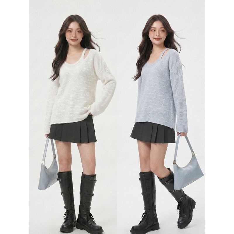 Maluuuuuu Butterfly Flower Strap Loose V-Neck Sweater Korean Style Knitted Vest Soft and Cozy Autumn Winter Two-Piece Set