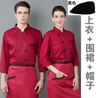 Красный лонгслив, фартук, шапка