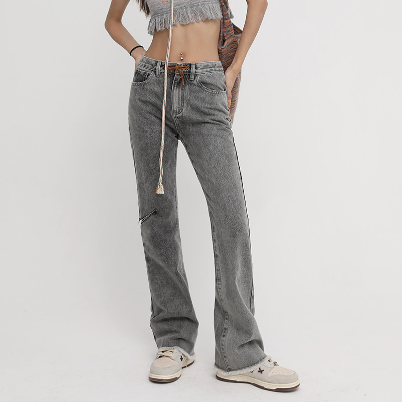 DNT Han Huohuo temperament high-end beauty unabated suede lace hole burrs loose straight jeans