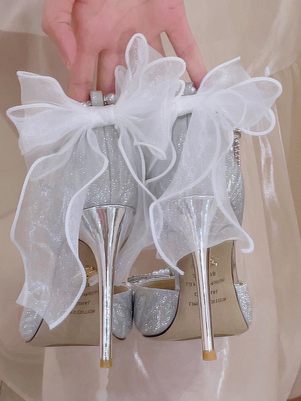 Wedding Shoes, Bridal Shoes, 2023 New Summer Style, Dual-Purpose, Suitable for Both Daily Wear and Traditional Chinese Wedding Attire (Xiuhe), Princess Style, Silver Crystal High Heels