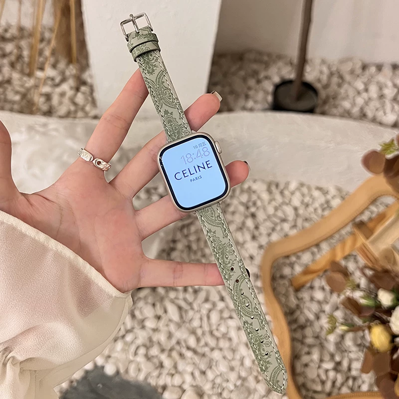 Совместимый ремешок для IWATCH S9 из кожи Hermes Advanced Applewatch Ultra2/S9 Apple Watch Bandes Creative Creative Green Fragrance Женский осенний новый продукт Проволочный ремешок