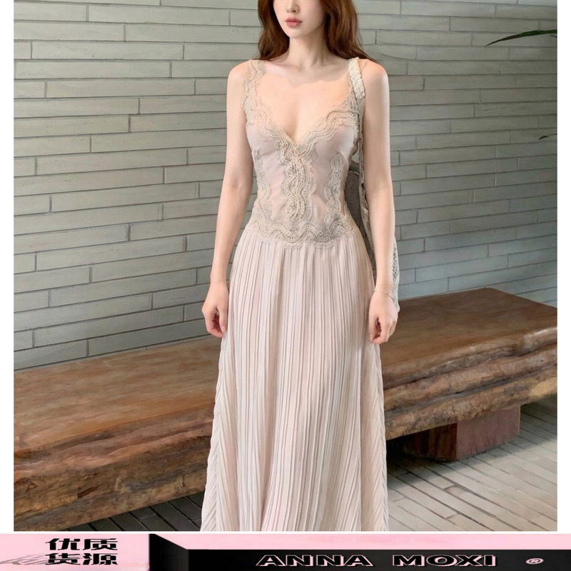 Correct Version】2026 Spring/Summer New Style Elegant Waist-Slimming Nude Pink Embroidered Pleated Long Strap Dress for Women