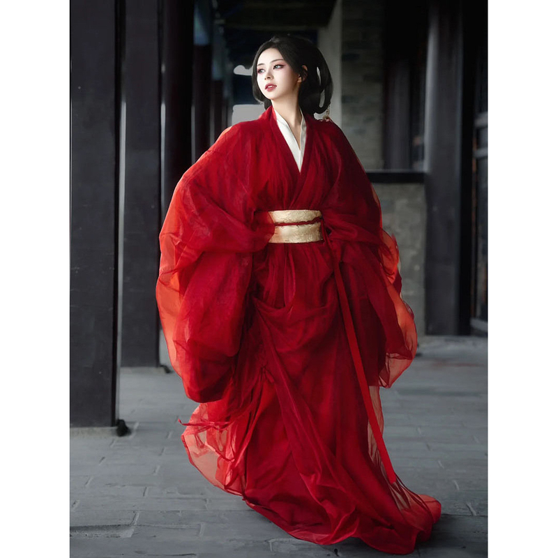 Red Hanfu Restoration Warring States Robe Autumn and Winter Flowing Long Ancient Costume Chinese Style Straight Skirt Female Swordsman Photo Shoot Fairy-Like Outfit