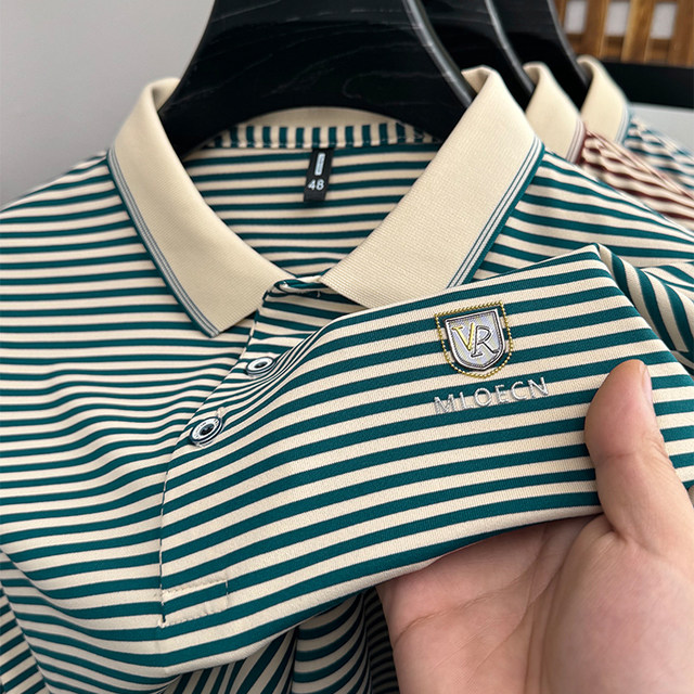 Paul's new summer lapel striped short-sleeved mercerated cotton T-shirt for men's trendy casual middle-aged men's thin half-sleeved