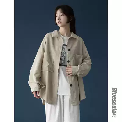 2021 Spring and Autumn New Korean version of loose bf medium long sleeve retro corduroy shirt thin model Women