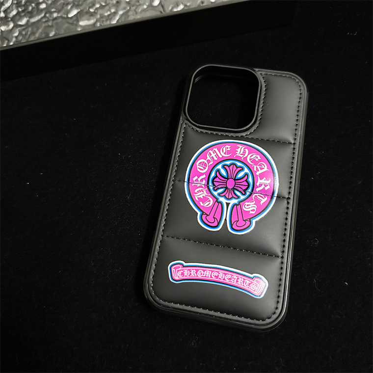 Chrome Hearts Black Blue Quilted Pink Logo iPhone Case