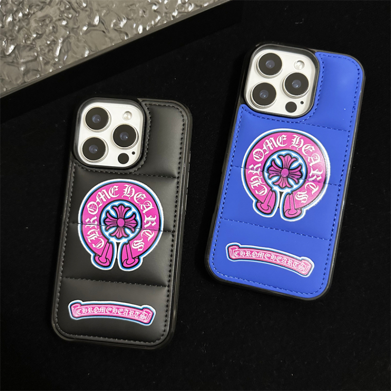 Chrome Hearts Black Blue Quilted Pink Logo iPhone Case