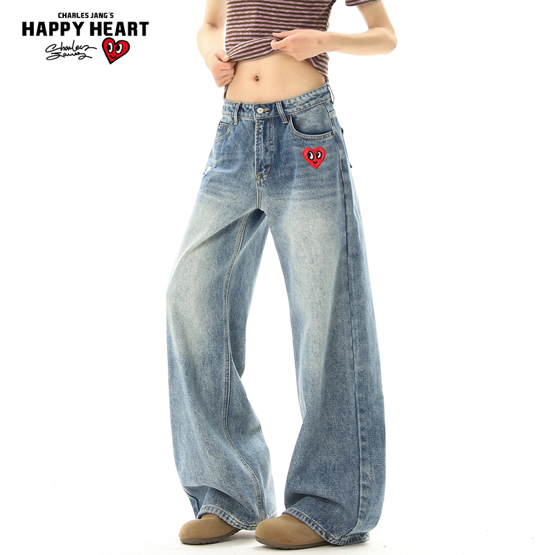 Charles Heart American Retro Straight-Leg Denim Pants 2026 New Style Unisex Summer Versatile Casual Trousers
