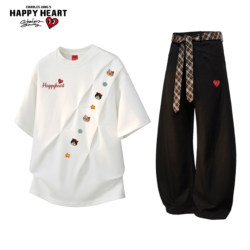 Charles Peach Heart Casual Suit for Men and Women Summer 2026 New Style Set with Pleated Short-Sleeve T-Shirt and Scimitar Long Pants