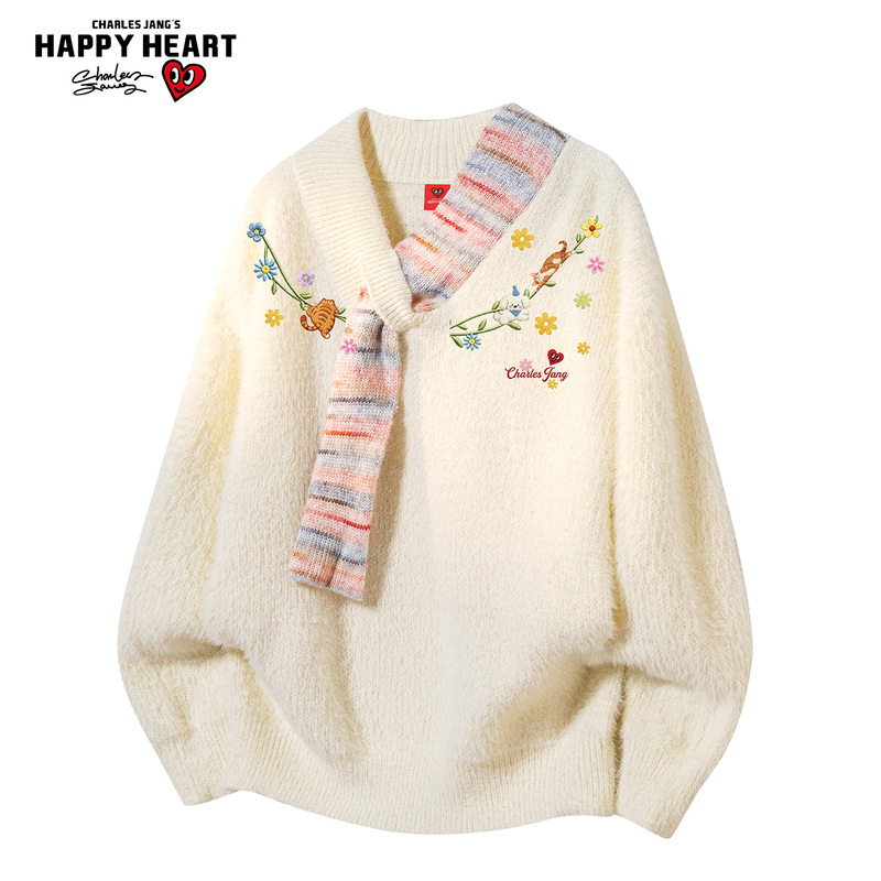 Charles Heart-Patterned Scarf Collar Decorative Knit Sweater for Men and Women, Autumn and Winter 2026 New Style, Loose and Versatile Casual Top