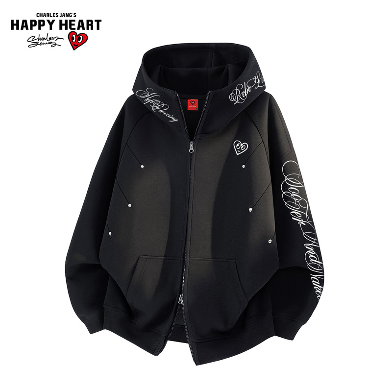 Charles Heart American Letter Hooded Cardigan Sweatshirt Unisex Spring and Autumn New Rivet Deconstructed Zipper Jacket