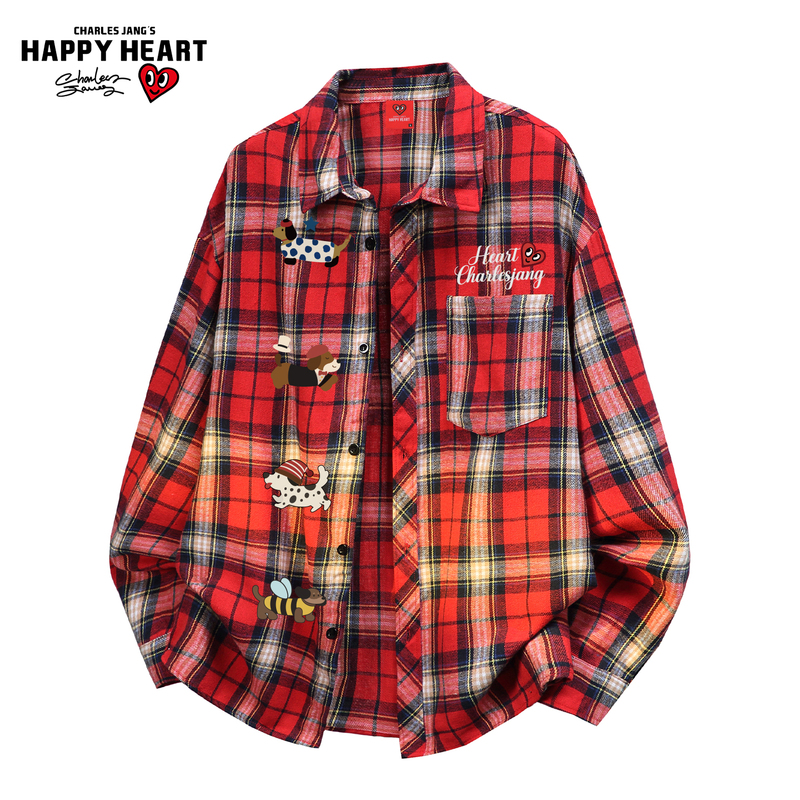 Charles Heart-Patterned Red Plaid Shirt Jacket for Men and Women, Loose Casual Versatile Plaid Long-Sleeve Shirt for Spring and Autumn Charles Heart-Patterned Red Plaid Shirt Jacket for Men and Women, Loose Casual Versatile Plaid Long-Sleeve Shirt for Spring and Autumn