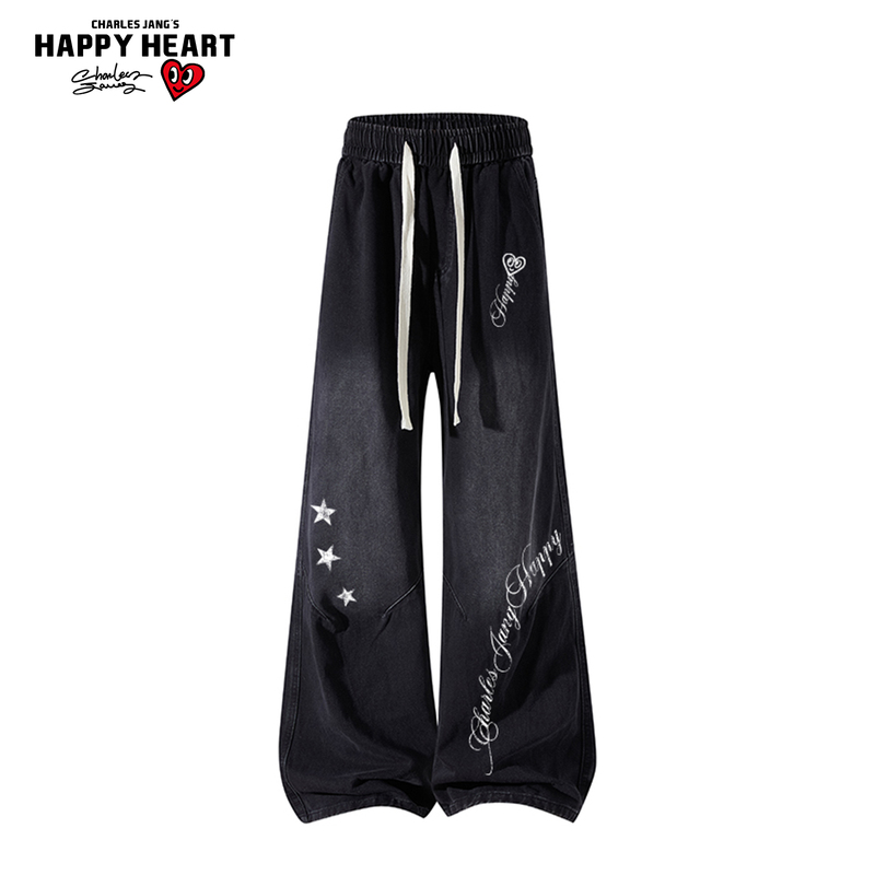 Charles Heart American High Street Star Print Jeans Unisex Loose Wide-Leg Pants Trendy Brand Suitable for All Seasons