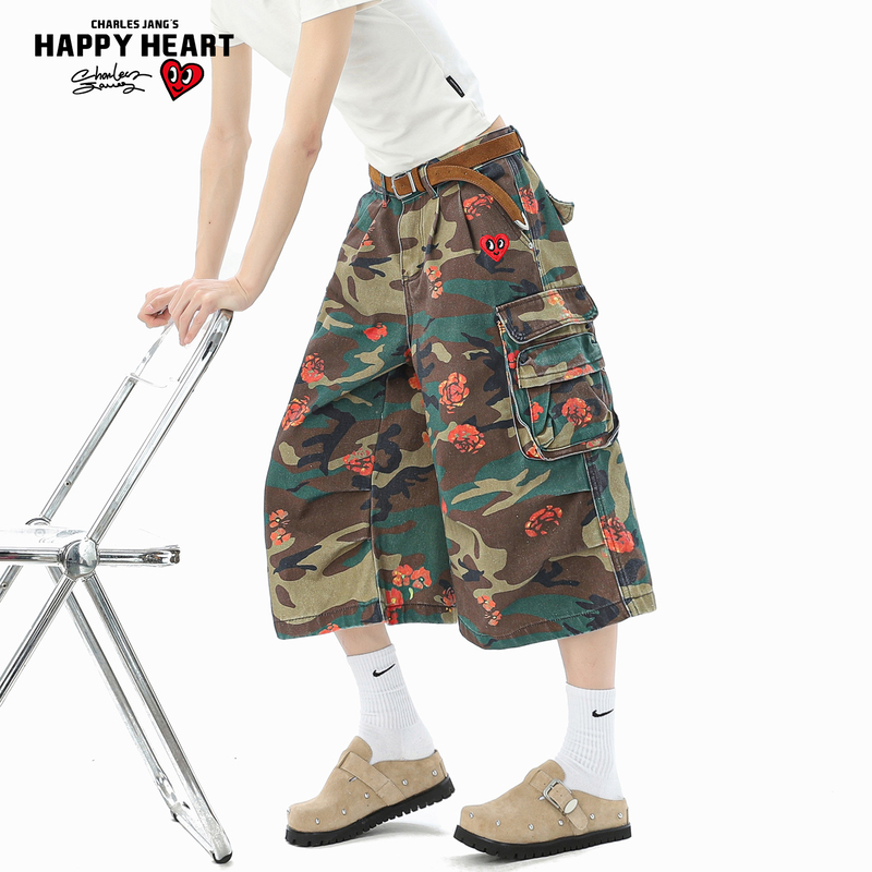 Charles Heart Print Workwear Three-Quarter Wide-Leg Pants Unisex Summer New Retro Distressed Loose Casual Shorts