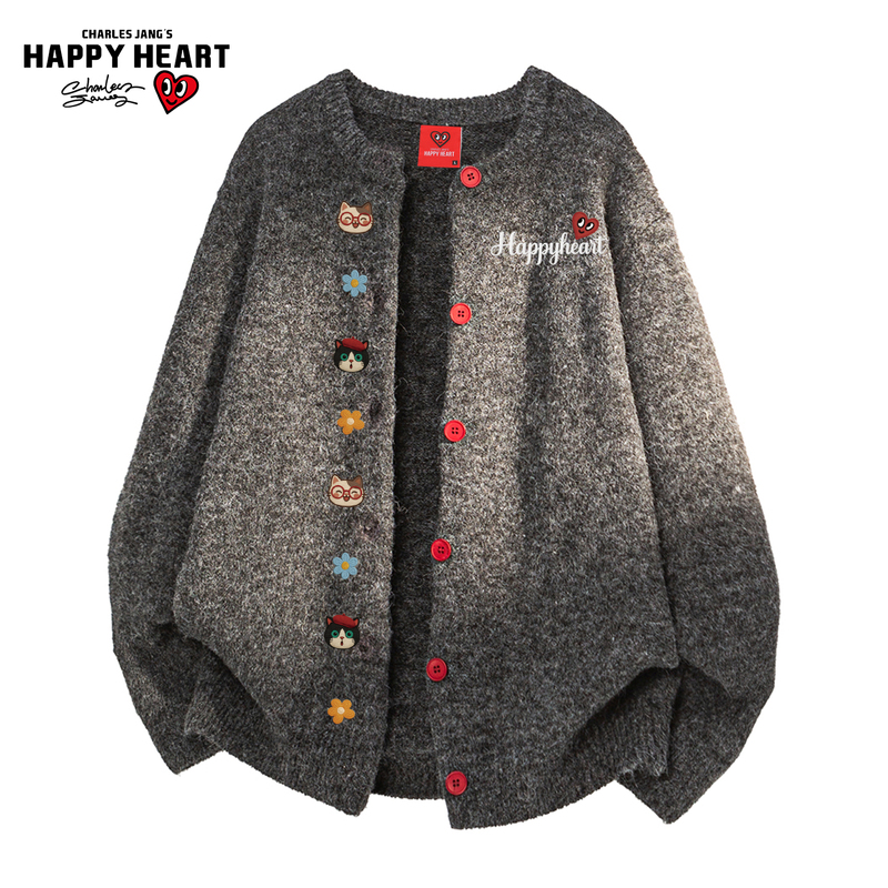 Charles Heart Cartoon Print Cardigan Sweater Jacket for Men and Women, New Loose Casual Knitwear for Spring, Autumn, and Winter