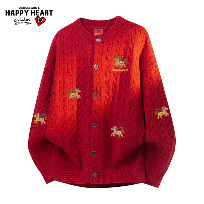 Charles Heart-Shaped Year of the Horse Red Couple's Winter Cartoon Print Cable Knit Cardigan Sweater for Men