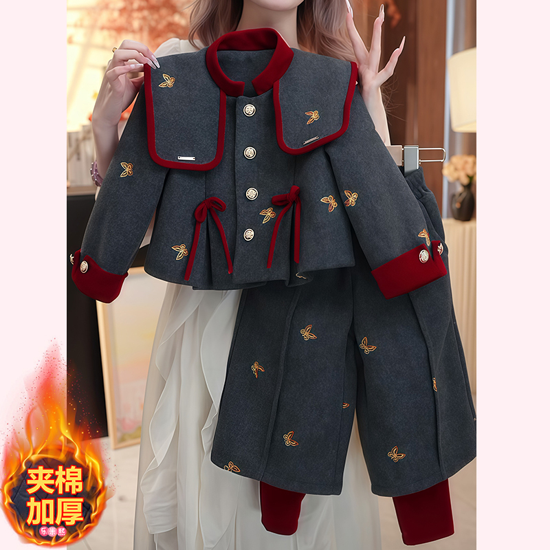 Girls' Plaid Quilted Chanel-Style Jacket and Cropped Wide-Leg Pants Set 2025 New Autumn and Winter Thickened Woolen Cotton Clothing Girls' Plaid Quilted Chanel-Style Jacket and Cropped Wide-Leg Pants Set 2025 New Autumn and Winter Thickened Woolen Cotton Clothing