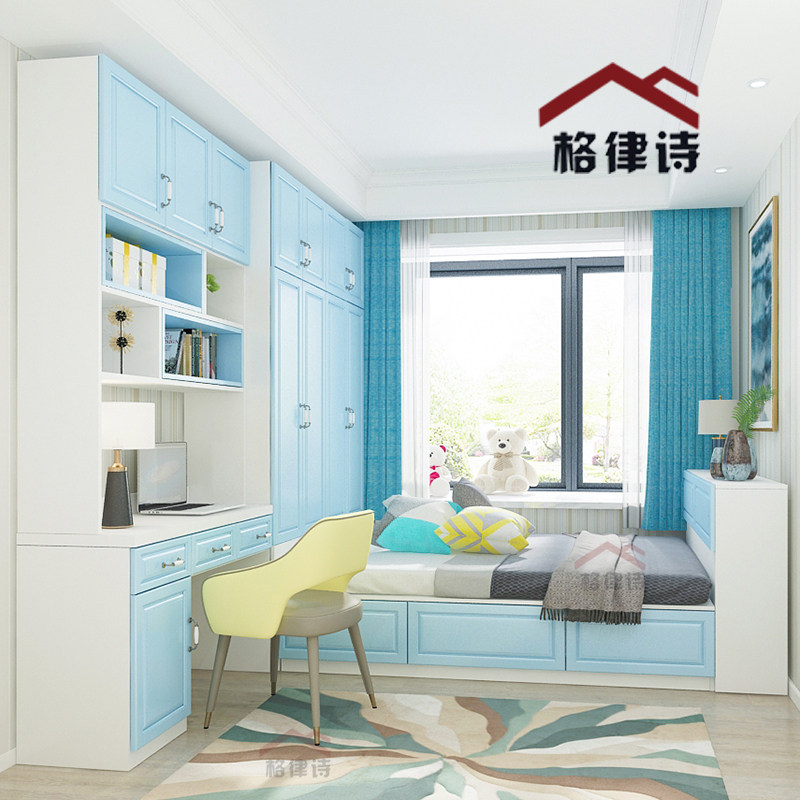 Tatami bed wardrobe integrated desk simple bookcase sky blue high box storage bed multifunctional bedroom small apartment