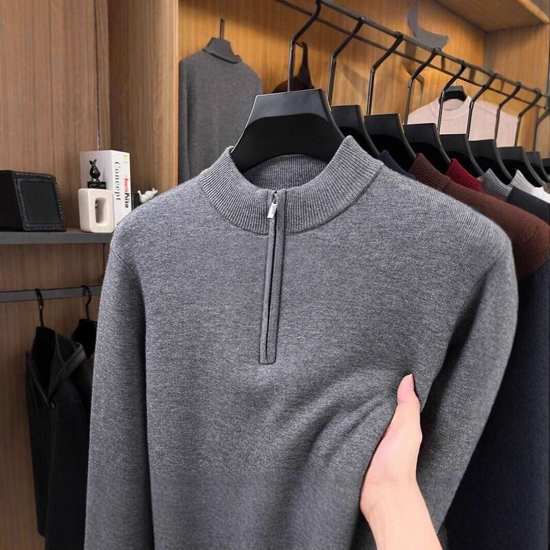 Men's Knitted Sweater 2026 Autumn and Winter Style Solid Color Thickened Warm Base Layer Sweater with Half-High Zip Collar for Dad