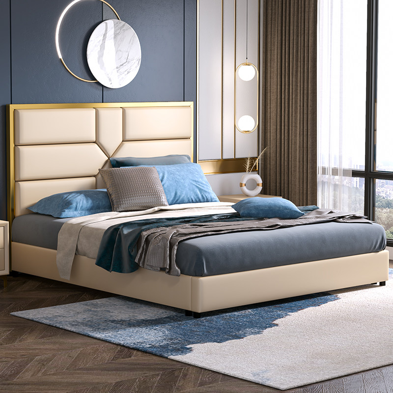 Light luxury leather bed solid wood double bed American master bedroom 1 5 meters Nordic modern 1 8 meters European wedding bed storage bed