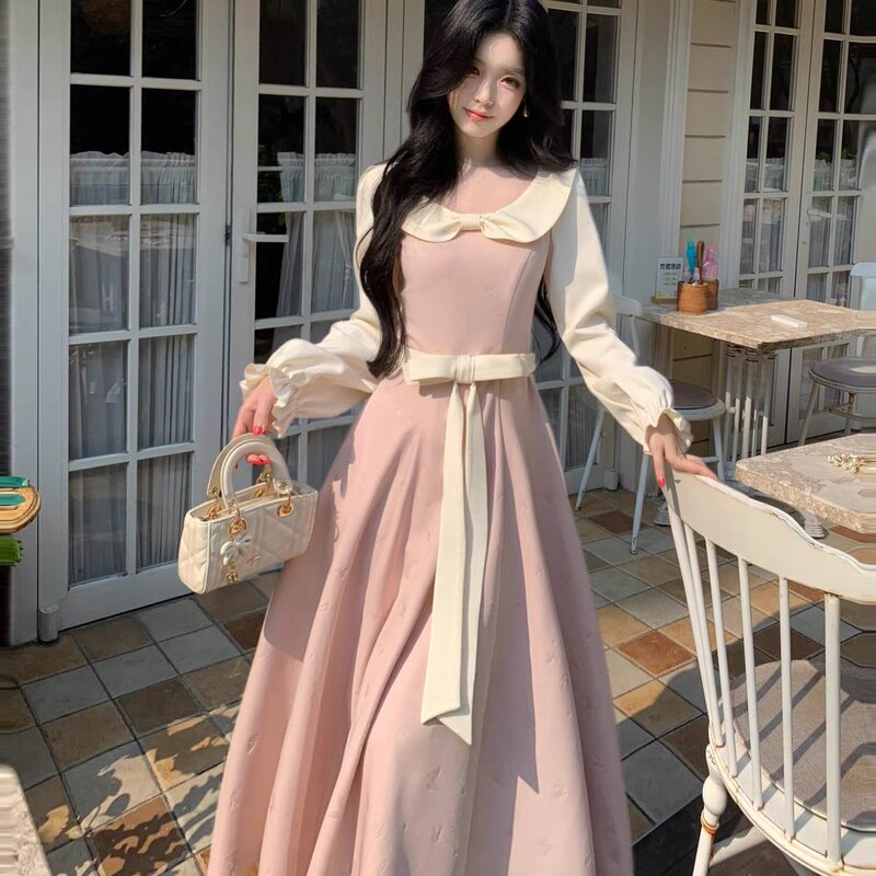 Gentle and Stylish Color-Blocked Girl's Doll Collar Dress, Spring and Autumn Plus Size, High-End Sweet Pink Long-Sleeved Long Dress Gentle and Stylish Color-Blocked Girl's Doll Collar Dress, Spring and Autumn Plus Size, High-End Sweet Pink Long-Sleeved Long Dress