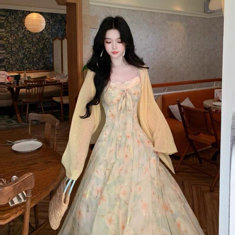 Atmospheric Bow-Tie Fresh Floral Suspender Dress for Women, Plus Size, Large Skirt, Sun Protection Cardigan Two-Piece Set