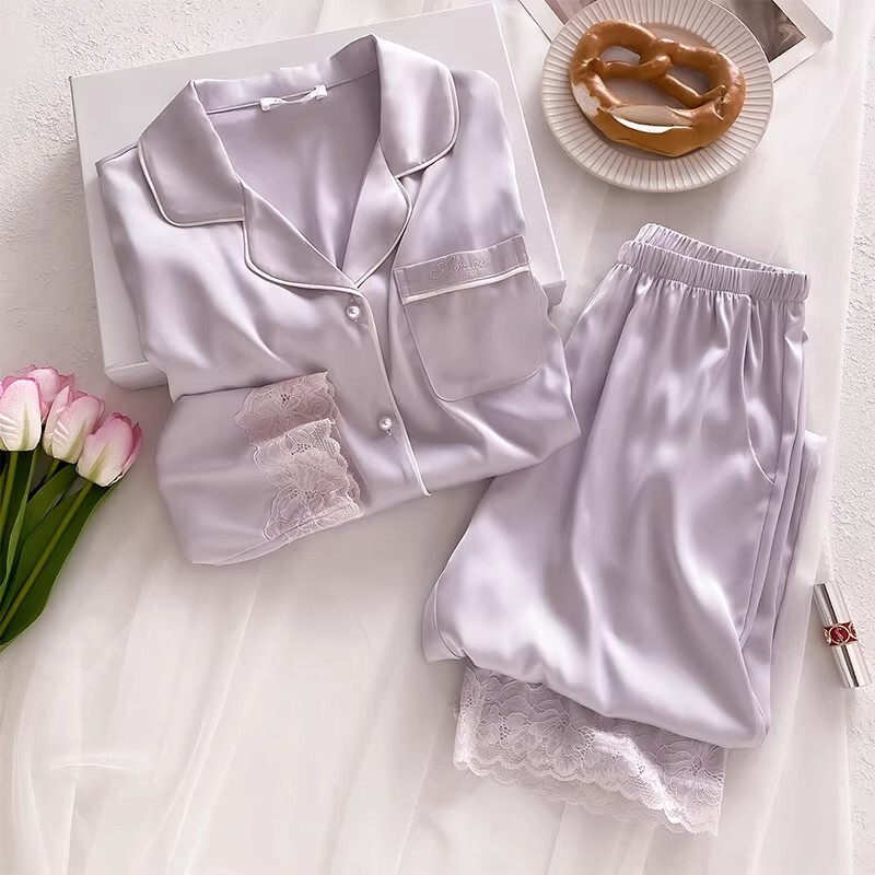 Victoria Light Luxury Silk Pajamas for Women, Spring and Summer Solid Color Mulberry Silk Long-Sleeved Long Pants Loungewear Set for Outerwear