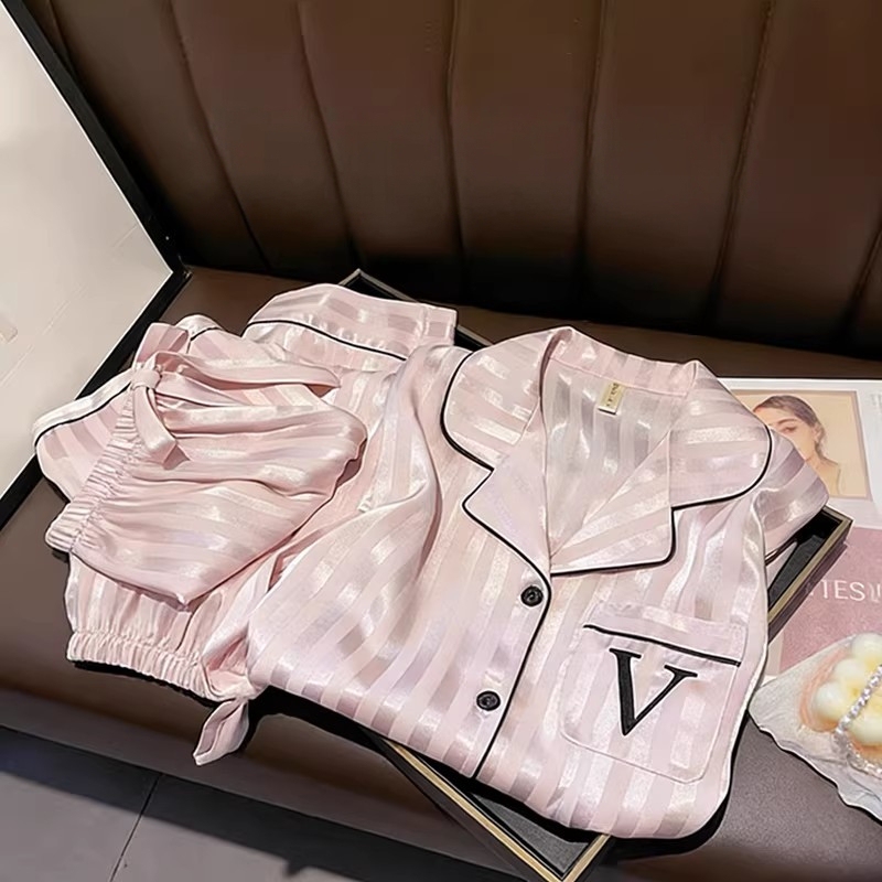 Victoria Spring/Summer Light Luxury Silk Mulberry Silk Pajamas Women's Striped High-End Short-Sleeve Shorts Homewear Set