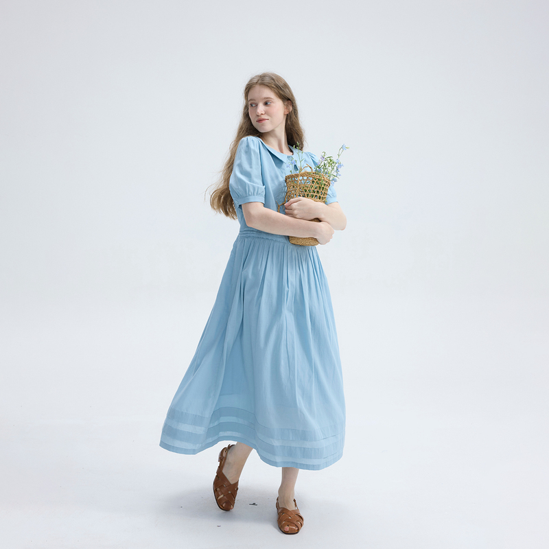 Willbewell Clear Blue Waltz Sky Blue Doll Collar Short Sleeve Tie Cotton Linen Blend Long Dress Willbewell Clear Blue Waltz Sky Blue Doll Collar Short Sleeve Tie Cotton Linen Blend Long Dress