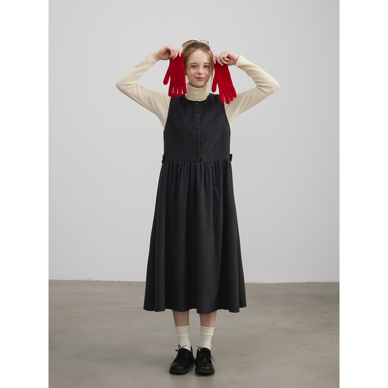 Willbewell New Winter Style Tencel Wool Retro Style Long Gray Button Vest Dress Willbewell New Winter Style Tencel Wool Retro Style Long Gray Button Vest Dress