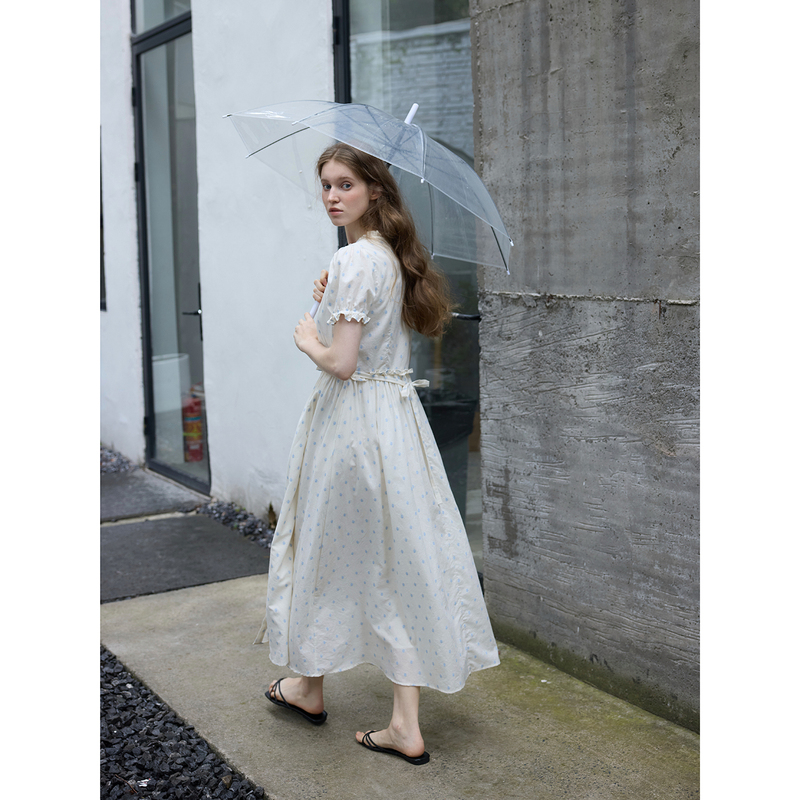 Willbewell Light Blue Oxygen Pure Cotton White Background Blue Embroidered Short-Sleeved Lace Loose Long Dress