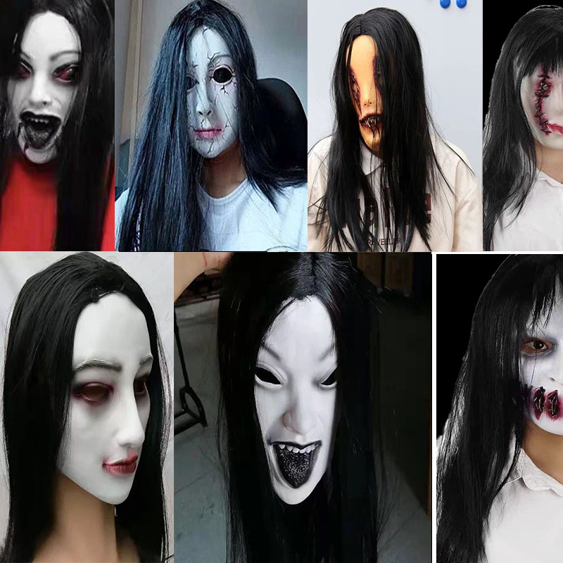 Horror female ghost mask haunted house secret room escape npc Sadako script kill scary person disguised as ghost headgear Halloween props